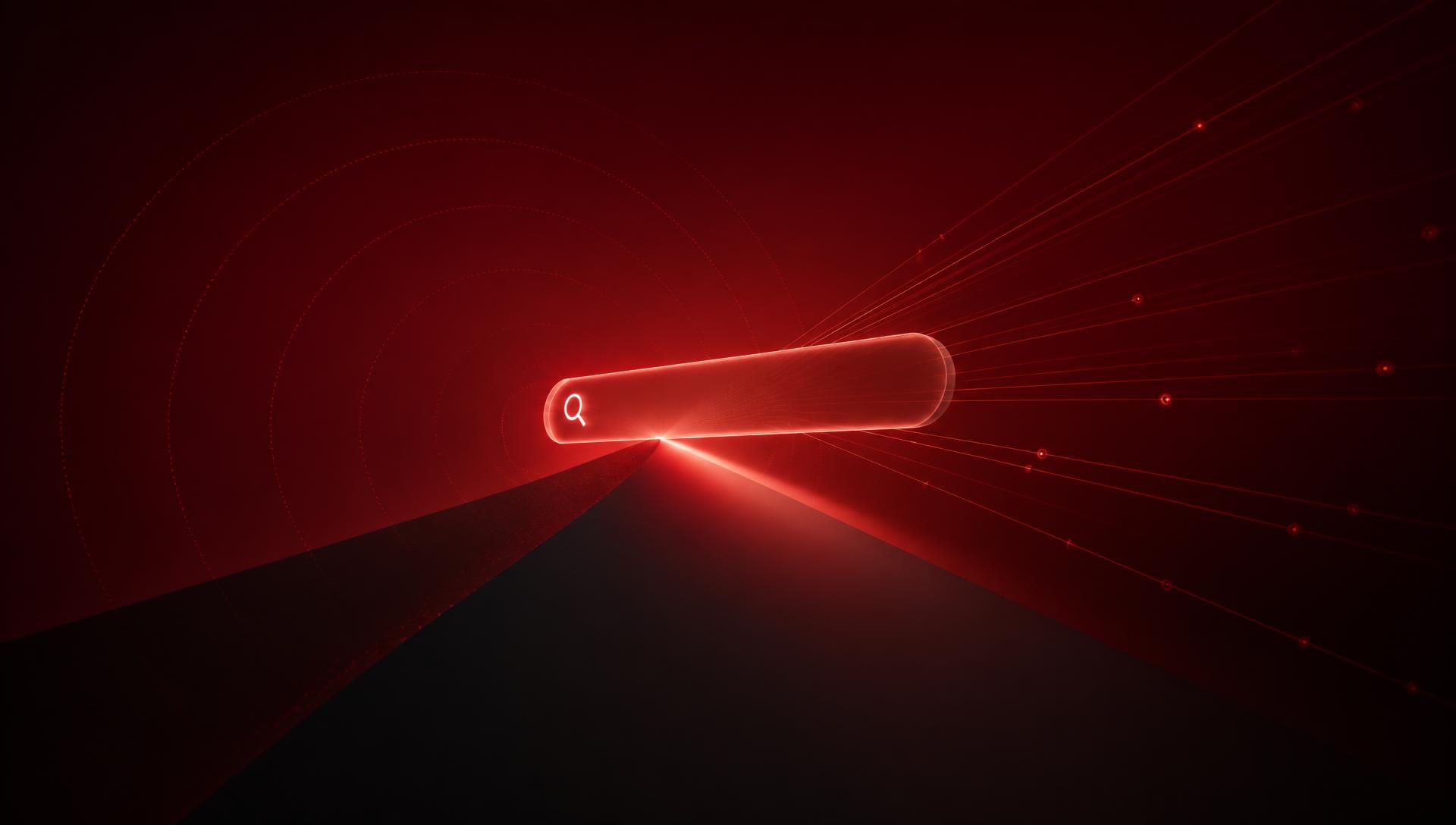 Crimson search field motif radiating signal lines in a deep red editorial composition