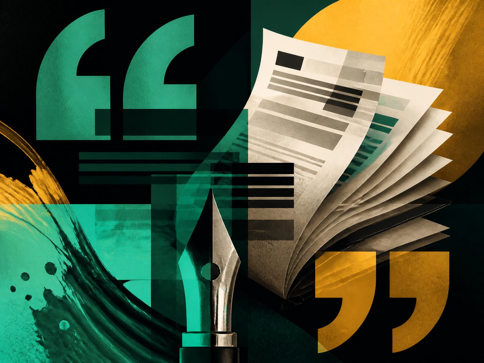 Bold emerald and amber graphic composition of oversized quotation marks, fanned typeset pages and a pen nib