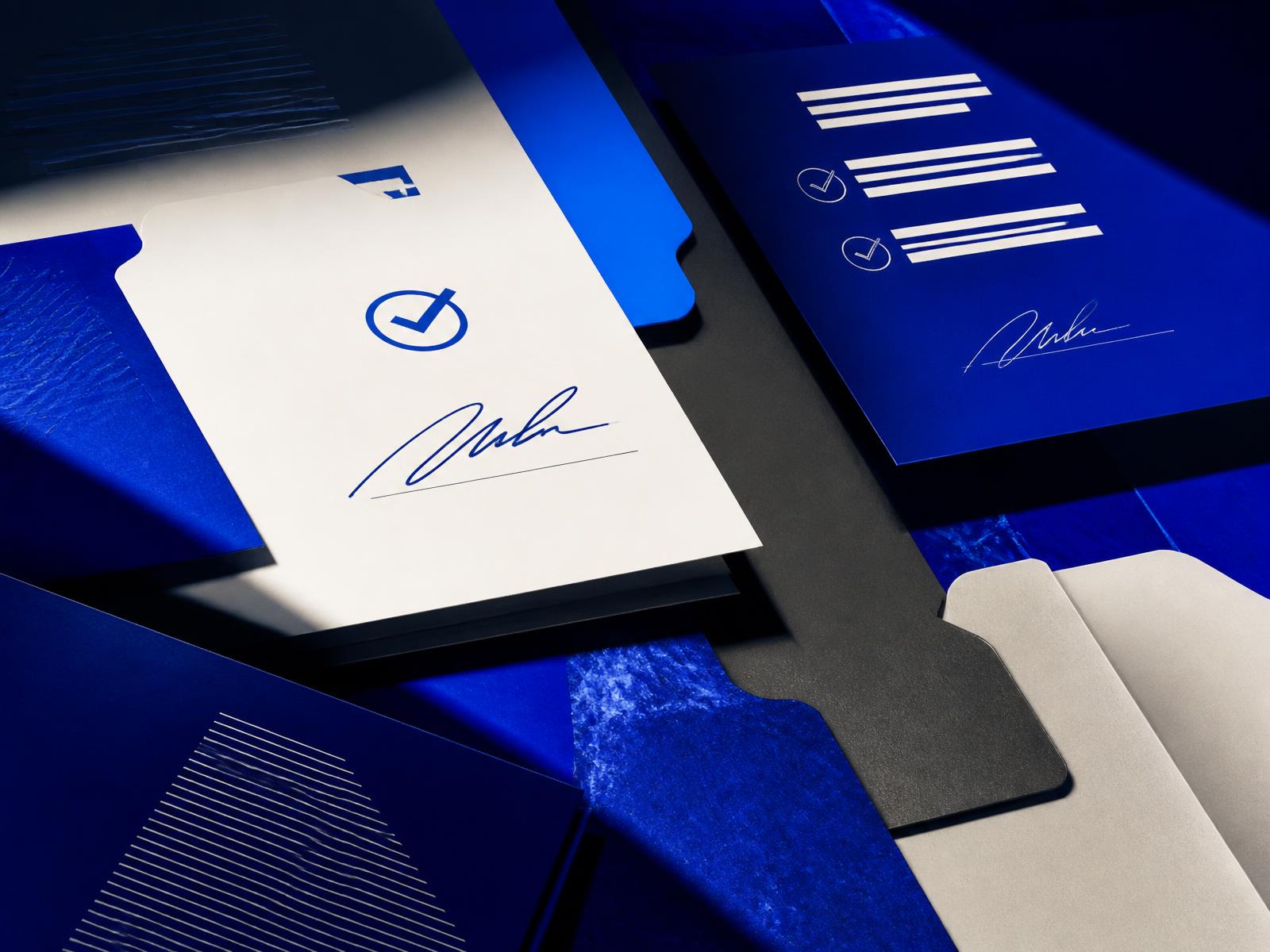 Bold cobalt-blue editorial composition of stacked documents, folder tabs and signed proposal pages
